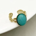 Detail of leaf-textured 14K gold-plated open ring with an oval turquoise gemstone - Adjustable Open / Gold (Turquoise)