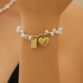 Baroque pearl bracelet with gold heart and Good Luck rectangular pendant charms - Gold 'Good Luck' Pearl Bracelet (WG-0113)