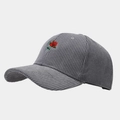 Detail of red rose embroidery on grey corduroy baseball cap with textured finish - Adjustable / Gray