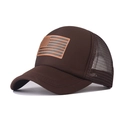 Detail view of brown trucker hat with American flag leather patch and mesh back - Coffee