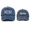 Detail of MOM and MINI embroidery on vintage washed navy blue cotton baseball caps - Navy Blue (Set)