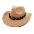 Detailed view of khaki western cowboy hat featuring leopard print band and metal leopard head - M (56-58cm) / Camel
