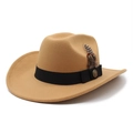 Chapeau fedora en feutre kaki classique avec décoration de plumes et ruban noir - M(56-58cm) / Chameau
