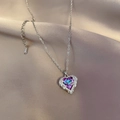 Detailed shot of silver heart necklace with purple crystal on elegant champagne silk - L0226 Ocean Heart O-Chain / Purple Gradient Silver Chain