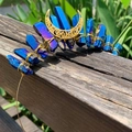 Detail of handmade crown with blue purple crystals and golden moon on a metal headband - Dark Blue Crystal Gold Wire Gold Moon
