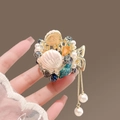 Pinza per capelli a ventaglio con conchiglie, perle blu e lunghe nappe di perle - Pinza per Capelli Stile Oceano Conchiglia Perla Nappa (#4 Clip - Oro)