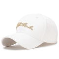 Classic white washed cotton baseball cap with intricate gold script embroidery detailing - Adjustable / White