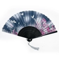 Chinese style folding fan in deep blue gradient with white butterflies and pink flowers - Blossoming Flowers (Grey)