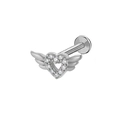 Silver flying heart cartilage stud with wings and clear crystals on white background - Silver Winged Heart