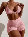 Detail of pink ribbed fabric on high-waisted bikini set with halter neck top - S / Pink