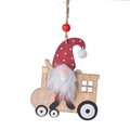 Wooden Christmas gnome pendant with red polka dot hat and white fur beard on car - Train Style
