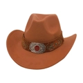 Classic wide brim western cowboy hat in tan felt with vintage turquoise buckle and embroidery - One Size / Khaki