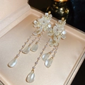 Elegant floral tassel earrings with faux pearls and gold chains on jewelry box - 1# Silver Earring Post-Regular-Gold Flower Pearl Tassel Style