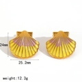 Detail view of shell-shaped earrings with purple gradient and gold stainless steel trim - Yellow & Purple Gradient