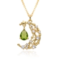 Élégant collier doré lune et étoile avec une pierre précieuse verte en forme de poire - Pendentif Goutte d'Eau Or Vert (c682)