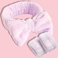 Close-up of soft lavender coral fleece headband and wristbands set for face washing - Lavender (3-Piece Set)