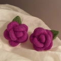 Silver needle earrings featuring handmade purple flocked flowers with green leaf accents - Rose Red