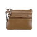 Compact brown genuine leather coin purse with triple zipper and silver keychain - Khaki