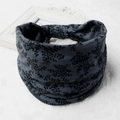 Bohemian style wide elastic headband in dark grey with black floral print on plush fur - 9-Gray Black Leaves