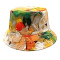Detailed view of reinforced stitching on colorful floral print canvas bucket hat brim - M / Orange Green Artistic Print Style (3#)