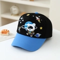 Detailed close-up of cartoon astronaut bear and space rocket patches on kids baseball cap - 52cm (2-5 Years) / Black (Black Crown Blue Brim)
