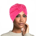 Pink braided turban hat for women with twisted floral design on white background - Rose Red