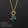 14K gold plated stainless steel necklace with blue gemstone and letter R pendant - Letter R