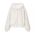 White faux fur zip-up hoodie featuring elastic ribbed cuffs and soft plush texture - S / White