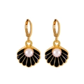Elegant gold hoop earrings with black enamel shell charm and centered white pearl - Gold Tone Black Shell Earrings