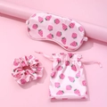 Pink strawberry silk sleep set with eye mask, scrunchie and drawstring storage bag - Strawberry Scrunchie Eye Mask 3-Piece Set