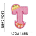 Detailed size view of Easter pink letter T embroidery patch with floral patterns - Letter T