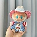 Labubu doll outfit with bear embroidery denim overalls and striped shirt with hat - Little Red Navy Bear + Light Cowboy Hat / First And Second Generation Keychains Are Compatible With La Cloth Dolls. Dolls Not Included.