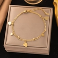 Detail of double-layer stainless steel heart charm anklet with gold bead accents - Double Layer Large and Small Heart Style (B96)