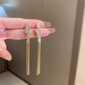 Elegant long tassel earrings with sparkling zircons and delicate golden chain fringe - 30# Silver Needle - Gold - Arc Shape.