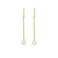 Elegant gold drop earrings featuring a linear metal rod and a round white pearl - Long Linear Rod Pearl Style (E1617-GO)