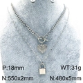Double-layered silver stainless steel necklace with heart and lock charms on bust display - Style 7 Steel Color (KN288678-Z)