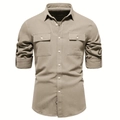 Classic khaki long-sleeved cotton shirt for men featuring double pocket workwear design - Khaki