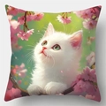 Süßer Kissenbezug mit weißer Katze und Kirschblüten aus Leinen für das Sofa - Stil 16 / 45*45cm (Ohne Kern)