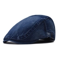 Detail view of washed navy denim beret with adjustable metal buckle and contrast stitching - Dark Blue Denim