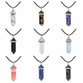 Set of hexagonal natural crystal point pendants on black cords in various stones - Pendant with Necklace / Watermelon red