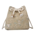 Bestickte Stroh-Beuteltasche mit Kordelzug und Umhängeriemen für den Sommer - Khaki