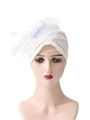 Elegant white mesh turban hat featuring a large decorative flower and delicate feathers - One Size / Mesh Flower Feather Style / White