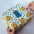 Portable travel cosmetic bag with yellow smiley face and blue heart pattern - Yellow Smiley Face