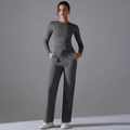 Grey long sleeve yoga set with drawstring wide leg pants for workout and leisure - S / Dark Gray