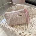 Mini borsa per cosmetici in tela a fiori verde menta con cerniera rosa Sozakka - Floreale Rosa