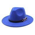 Detail of dark blue wide brim fedora hat with decorative black strap and metal gold chain - Sapphire Blue