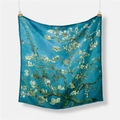Detail of square silk scarf featuring Van Gogh's Almond Blossoms with blue floral patterns - 53x53 / Van Gogh Almond Blossoms