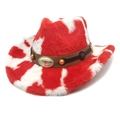 Détail d'un chapeau de cow-boy en fausse fourrure à motif vache avec boucle de buffle - M (56-58cm) / Haut en Coeur Rouge