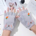 Grey convertible knit gloves with cute bunny ears and carrot embroidery for winter - One Size / Grey (Large Carrot)