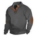Ανδρικό γκρι πουλόβερ waffle knit με όρθιο γιακά και καφέ δερμάτινα μπαλώματα - S / Γκρι
